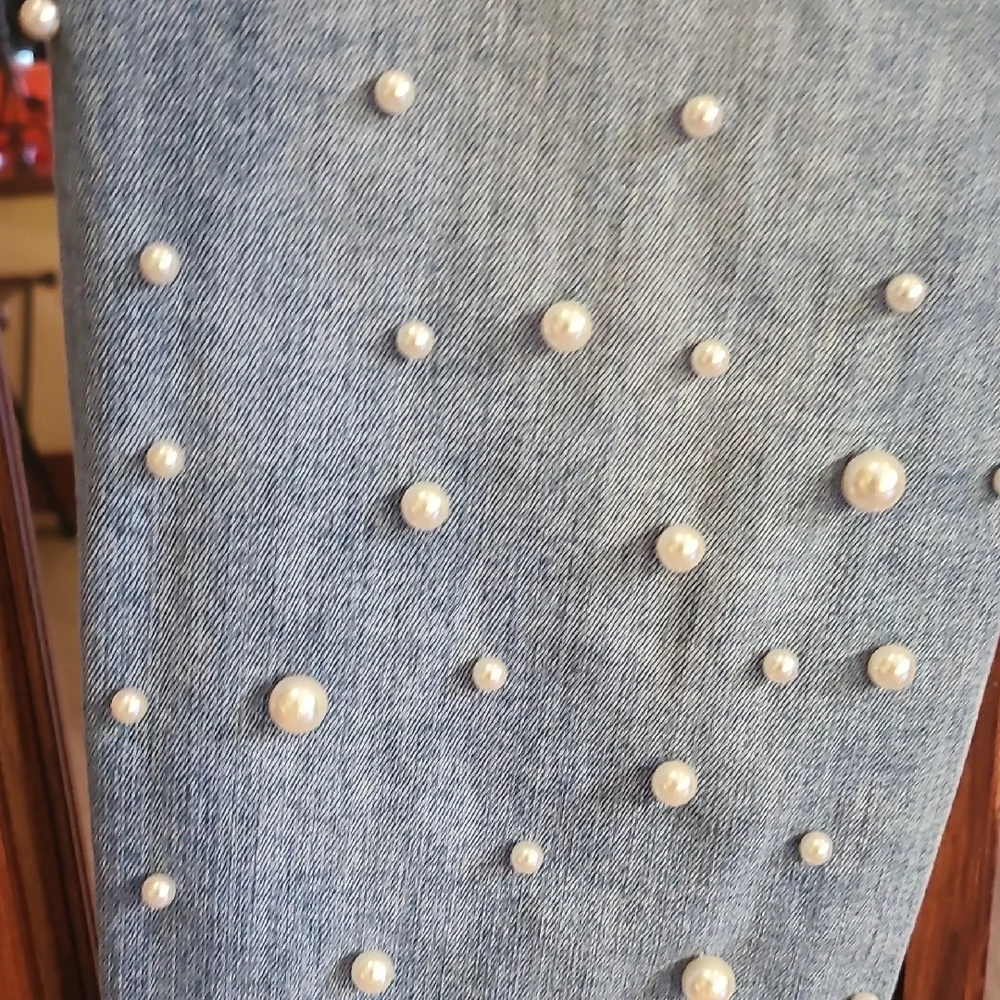 bebe Light Blue Straight Leg Jeans with Pearl Details - Picture 3 of 9